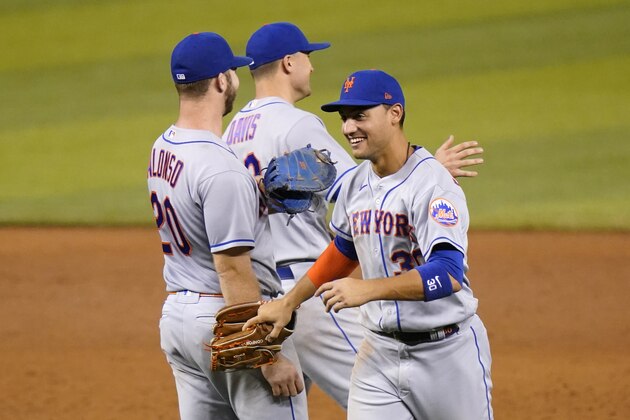 New York Mets' Michael Conforto celebrates after a baseball game against the Miami Marlins, Wednesday, Aug. 19, 2020, in Miami. The Mets won 5-3. (AP Photo/Lynne Sladky)
