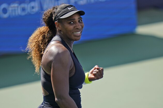 Serena Williams reacts to winning a point in the tiebreak with Arantxa Rus, of the Netherlands, during the second round at the Western & Southern Open tennis tournament Monday, Aug. 24, 2020, in New York. (AP Photo/Frank Franklin II)
