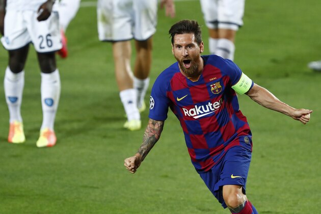Barcelona???s Lionel Messi celebrates after scoring his side???s second goal during the Champions League round of 16, second leg soccer match between Barcelona and Napoli at the Camp Nou Stadium in Barcelona, Spain, Saturday, Aug. 8, 2020. (AP Photo/Joan Monfort)