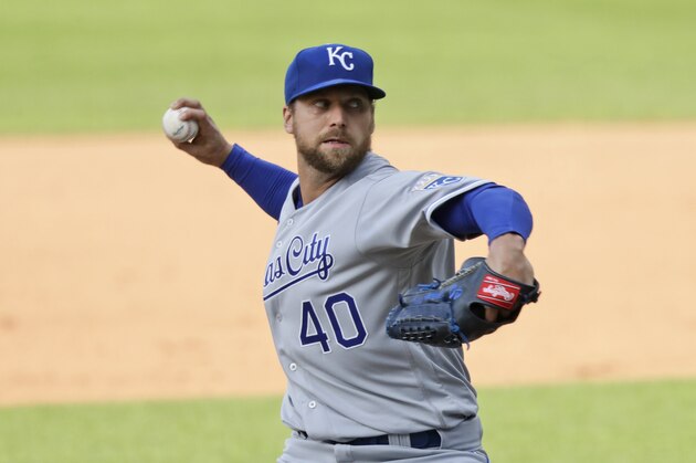 Kansas City Royals relief pitcher Trevor Rosenthal delivers in the eighth inning in a baseball game against the Cleveland Indians, Saturday, July 25, 2020, in Cleveland. (AP Photo/Tony Dejak)
