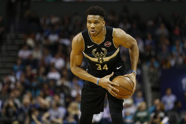 Milwaukee Bucks forward Giannis Antetokounmpo runs the offense against the Charlotte Hornets in the first half of an NBA basketball game in Charlotte, N.C., Sunday, March 1, 2020. Milwaukee won 93-85. (AP Photo/Nell Redmond)