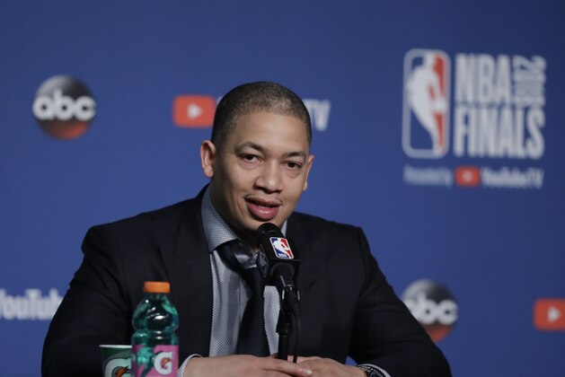 Cleveland Cavaliers coach Tyronn Lue speaks after the Golden State Warriors defeated the Cavaliers 108-85 in Game 4 of basketball's NBA Finals to win the NBA championship, Friday, June 8, 2018, in Cleveland. (AP Photo/Tony Dejak)