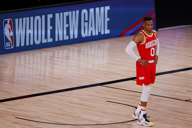 Houston Rockets' Russell Westbrook looks onprior to an NBA basketball game against the Portland Trail Blazers Tuesday, Aug. 4, 2020, in Lake Buena Vista, Fla. (Kevin C. Cox/Pool Photo via AP)