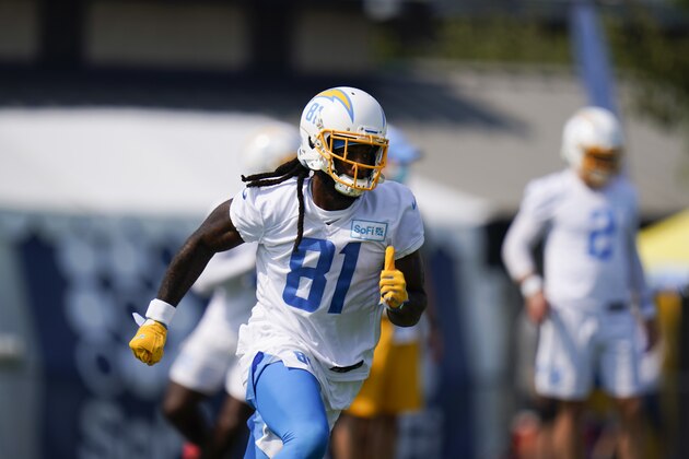 Los Angeles Chargers wide receiver Mike Williams runs during an NFL football camp practice Wednesday, Aug. 19, 2020, in Costa Mesa, Calif. (AP Photo/Jae C. Hong)