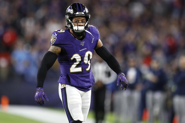 Baltimore Ravens free safety Earl Thomas looks on after a play against the Tennessee Titans during the firs half of an NFL divisional playoff football game, Saturday, Jan. 11, 2020, in Baltimore. The Titans won 28-12. (AP Photo/Julio Cortez)