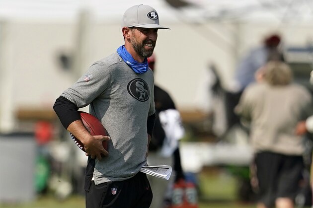 FILE - In this Tuesday, Aug. 18, 2020, file photo, San Francisco 49ers head coach Kyle Shanahan watches during NFL football training camp in Santa Clara, Calif. The 49ers are one of three teams bringing back players who participated in more than 80% of snaps last season with Buffalo and Indianapolis just behind. (AP Photo/Jeff Chiu, Pool, File)