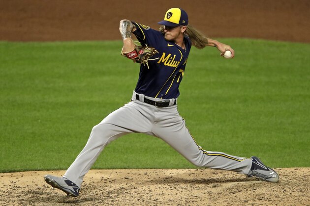 Milwaukee Brewers' Josh Hader delivers during the ninth inning of the team's baseball game against the Pittsburgh Pirates in Pittsburgh, Wednesday, July 29, 2020. Hader got the save in the 3-0 Brewers win. (AP Photo/Gene J. Puskar) Milwaukee Brewers' Josh Hader delivers during the ninth inning of the team's baseball game against the Pittsburgh Pirates in Pittsburgh, Wednesday, July 29, 2020. Hader got the save in the 3-0 Brewers win. (AP Photo/Gene J. Puskar)