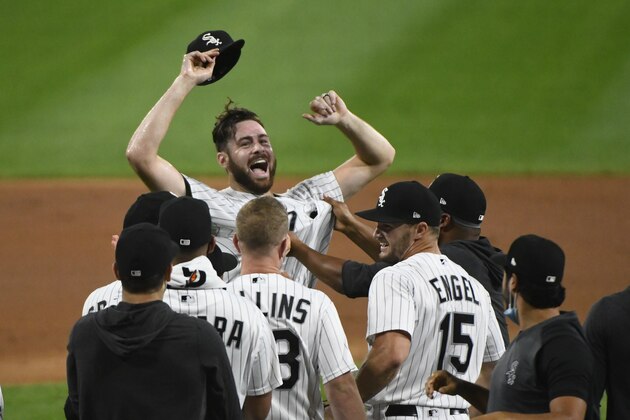Chicago White Sox starting pitcher Lucas Giolito, facing camera, and teammates celebrate his no-hitter in a baseball game against the Pittsburgh Pirates, Tuesday, Aug. 25, 2020, in Chicago. (AP Photo/Matt Marton) Chicago White Sox starting pitcher Lucas Giolito, facing camera, and teammates celebrate his no-hitter in a baseball game against the Pittsburgh Pirates, Tuesday, Aug. 25, 2020, in Chicago. (AP Photo/Matt Marton)