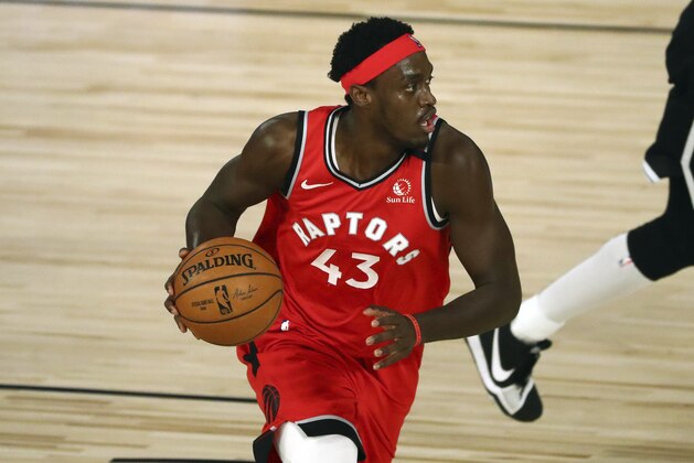 Toronto Raptors forward Pascal Siakam (43) moves the ball against the Brooklyn Nets during the first half of Game 4 of an NBA basketball first-round playoff series, Sunday, Aug. 23, 2020, in Lake Buena Vista, Fla. (Kim Klement/Pool Photo via AP) Toronto Raptors forward Pascal Siakam (43) moves the ball against the Brooklyn Nets during the first half of Game 4 of an NBA basketball first-round playoff series, Sunday, Aug. 23, 2020, in Lake Buena Vista, Fla. (Kim Klement/Pool Photo via AP)
