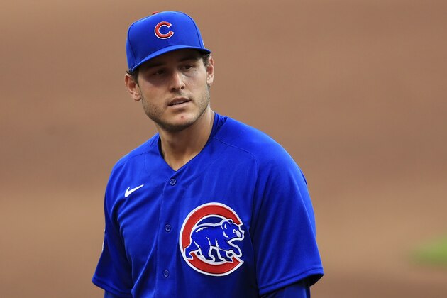 Chicago Cubs' Anthony Rizzo (44) during a baseball game against the Cincinnati Reds in Cincinnati, Wednesday, July 29, 2020. The Reds won 12-7. (AP Photo/Aaron Doster)