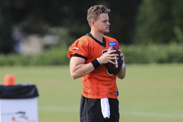 Cincinnati Bengals' Joe Burrow grips a ball while he stands on the field prior to an NFL football camp practice in Cincinnati, Monday, Aug. 17, 2020. (AP Photo/Aaron Doster)