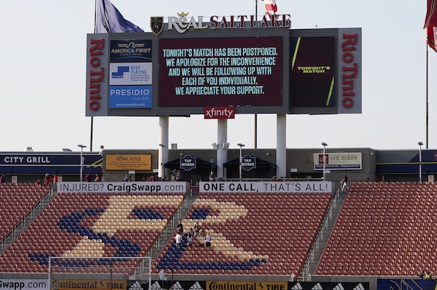 The Real Salt Lake scoreboard is shown after the scheduled game between Real Salt Lake and Los Angeles FC was postponed Wednesday, Aug. 26, 2020, in Sandy, Utah. Major League Soccer players boycotted five games Wednesday night in a collective statement against racial injustice. The players' action came after all three NBA playoff games were called off in a protest over the police shooting of Jacob Blake in Wisconsin on Sunday night. (AP Photo/Rick Bowmer)