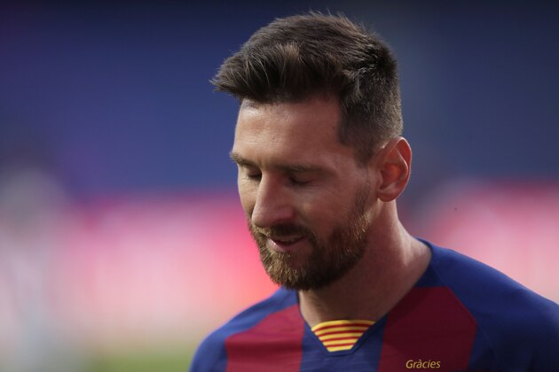 Barcelona's Lionel Messi reacts during the Champions League quarterfinal match between FC Barcelona and Bayern Munich at the Luz stadium in Lisbon, Portugal, Friday, Aug. 14, 2020. (AP Photo/Manu Fernandez/Pool) Barcelona's Lionel Messi reacts during the Champions League quarterfinal match between FC Barcelona and Bayern Munich at the Luz stadium in Lisbon, Portugal, Friday, Aug. 14, 2020. (AP Photo/Manu Fernandez/Pool)