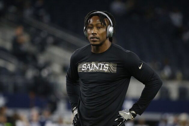 New Orleans Saints wide receiver Brandon Marshall before an NFL football game against the Dallas Cowboys, in Arlington, Texas, Thursday, Nov. 29, 2018. (AP Photo/Michael Ainsworth)
