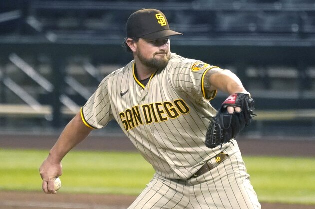 San Diego Padres relief pitcher Kirby Yates (39) in the first inning during a baseball game against the Arizona Diamondbacks, Friday, Aug 14, 2020, in Phoenix. (AP Photo/Rick Scuteri)