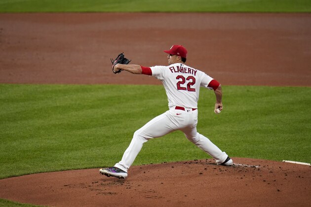 St. Louis Cardinals starting pitcher Jack Flaherty throws during the first inning of a baseball game against the Kansas City Royals Monday, Aug. 24, 2020, in St. Louis. (AP Photo/Jeff Roberson)