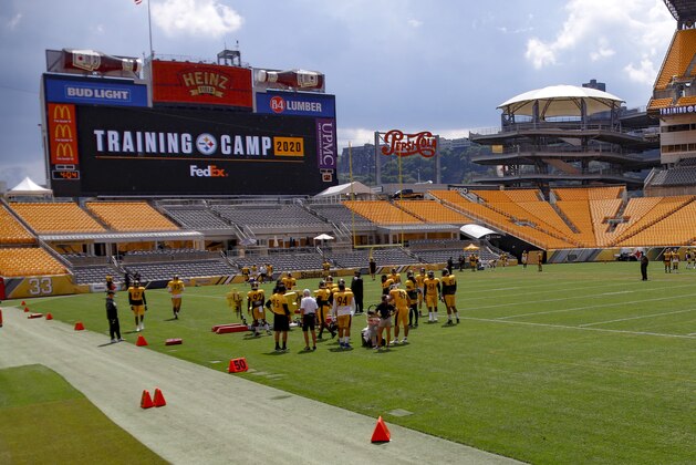 The Pittsburgh Steelers defense works in the south end of Heinz Field during an NFL football training camp practice, Monday, Aug. 24, 2020, in Pittsburgh. (AP Photo/Keith Srakocic)