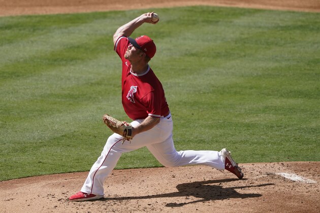 Los Angeles Angels starting pitcher Dylan Bundy throws during an intrasquad game at baseball practice at Angel Stadium on Wednesday, July 8, 2020, in Anaheim, Calif. (AP Photo/Ashley Landis)