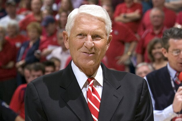 Arizona's head coach Lute Olson, who is on a leave of absence is on hand today to say farewell to his seniors after the game against UCLA at McKale Center in Tucson, Ariz., Sunday, Mar. 2, 2008. UCLA won, 68 - 66. (AP Photo/John Miller)