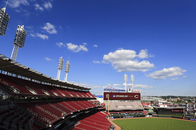 A view of the video board showing the Opening Day logos prior to a baseball game between the Detroit Tigers and the Cincinnati Reds at Great American Ball Park in Cincinnati, Friday, July 24, 2020. The Reds won 7-1. (AP Photo/Aaron Doster)