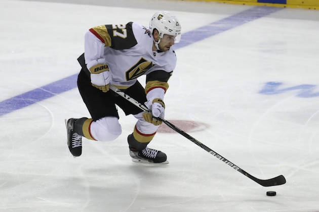 Vegas Golden Knights defenseman Shea Theodore (27) skates on his way to scoring a goal during the third period of an NHL hockey game against the Florida Panthers, Thursday, Feb. 6, 2020, in Sunrise, Fla. The Golden Knights won 7-2. (AP Photo/Lynne Sladky)