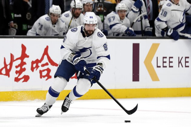 Tampa Bay Lightning's Nikita Kucherov during the first period of an NHL hockey game against the Boston Bruins Saturday, March 7, 2020, in Boston. (AP Photo/Winslow Townson)