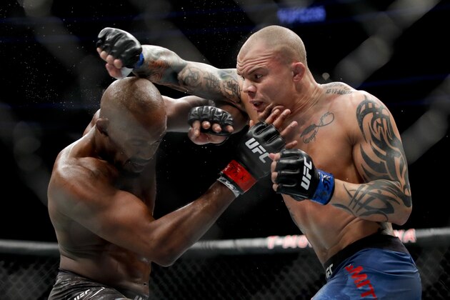 Anthony Smith, right, hits Jon Jones during a light heavyweight mixed martial arts title bout at UFC 235, Saturday, March 2, 2019, in Las Vegas. (AP Photo/John Locher) Anthony Smith, right, hits Jon Jones during a light heavyweight mixed martial arts title bout at UFC 235, Saturday, March 2, 2019, in Las Vegas. (AP Photo/John Locher)