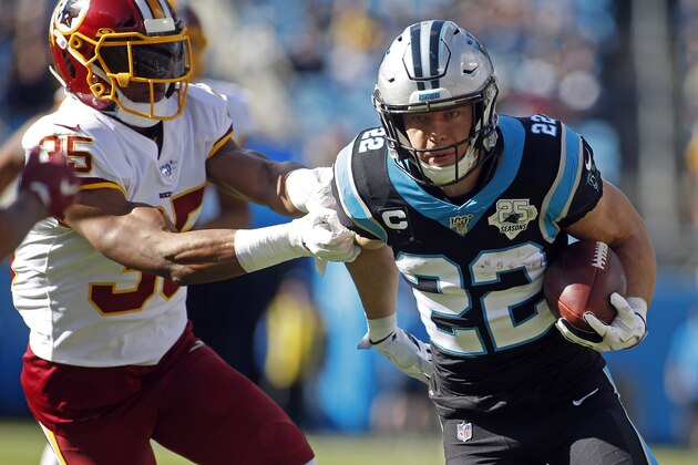 Carolina Panthers running back Christian McCaffrey (22) runs the ball while Washington Redskins free safety Montae Nicholson (35) chases during the first half of an NFL football game in Charlotte, N.C., Sunday, Dec. 1, 2019. (AP Photo/Brian Blanco)