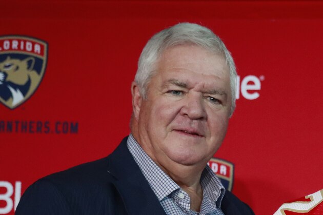 FILE - This is a July 2, 2019, file photo showing Florida Panthers President of Hockey Operations & General Manager Dale Tallon at a news conference in Sunrise, Fla. The Florida Panthers will have a new general manager next season, making the announcement early Monday, Aug. 10, 2020, that Dale Tallon is leaving the franchise after 10 years. The Panthers were eliminated from the playoffs on Friday, falling to the New York Islanders in four games. (AP Photo/Wilfredo Lee, File)