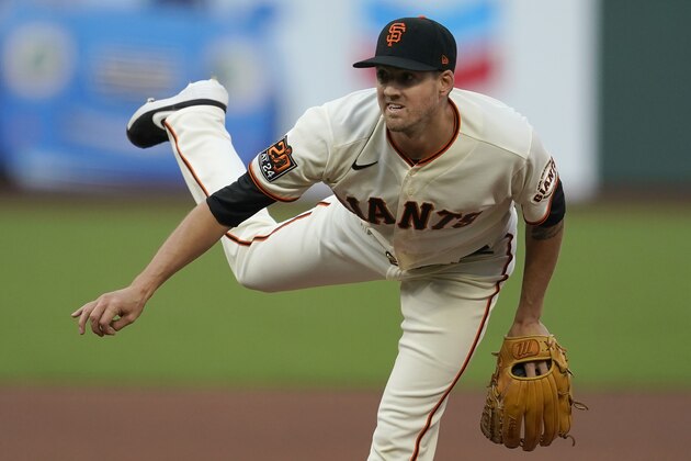 San Francisco Giants' Kevin Gausman pitches against the Los Angeles Angels during the first inning of a baseball game in San Francisco, Thursday, Aug. 20, 2020. (AP Photo/Jeff Chiu)