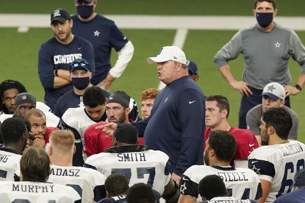 Players take a knee as Dallas Cowboys head coach Mike McCarthy speaks during an NFL training camp practice in Frisco, Texas, Thursday, Aug. 27, 2020. (AP Photo/LM Otero)