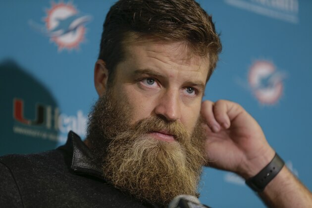 Miami Dolphins quarterback Ryan Fitzpatrick answers questions during a news conference after playing against the New York Jets in an NFL football game, Sunday, Dec. 8, 2019, in East Rutherford, N.J. (AP Photo/Seth Wenig)