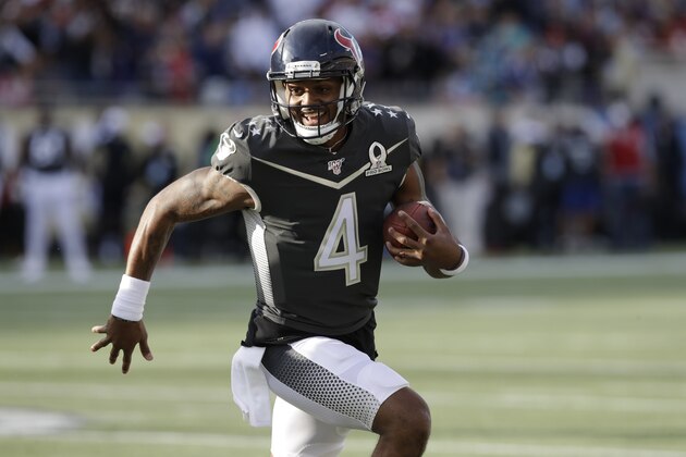 AFC quarterback Deshaun Watson, of the Houston Texans, (4) runs the football, during the first half of the NFL Pro Bowl football game against the NFC, Sunday, Jan. 26, 2020, in Orlando, Fla. (AP Photo/Chris O'Meara)