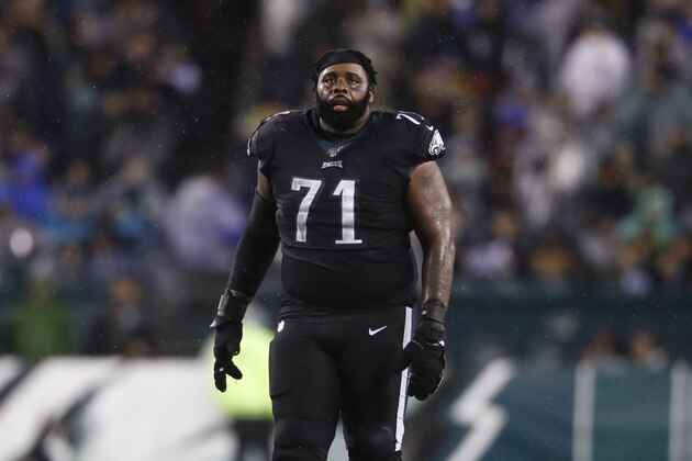 Philadelphia Eagles' Jason Peters in action during an NFL football game against the New York Giants, Monday, Dec. 9, 2019, in Philadelphia. (AP Photo/Matt Rourke)