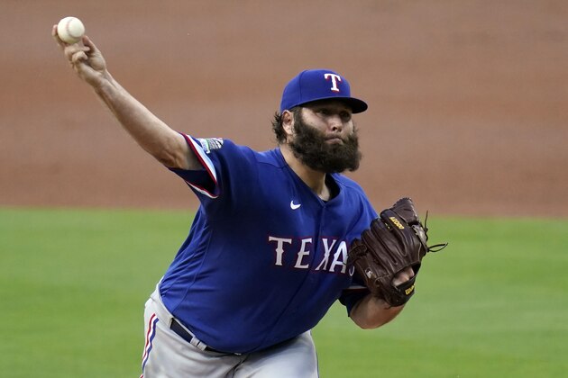 Texas Rangers starting pitcher Lance Lynn works against a San Diego Padres batter during the first inning of a baseball game Wednesday, Aug. 19, 2020, in San Diego. (AP Photo/Gregory Bull)