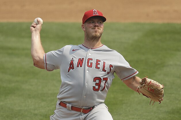 Los Angeles Angels pitcher Dylan Bundy works against the Oakland Athletics in the second inning of a baseball game Sunday, Aug. 23, 2020, in Oakland, Calif. (AP Photo/Ben Margot)