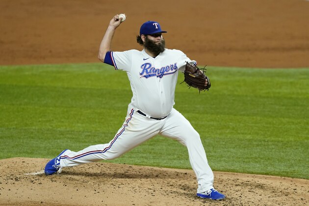 Texas Rangers starting pitcher Lance Lynn throws to the Oakland Athletics in the third inning of a baseball game in Arlington, Texas, Monday, Aug. 24, 2020. (AP Photo/Tony Gutierrez)