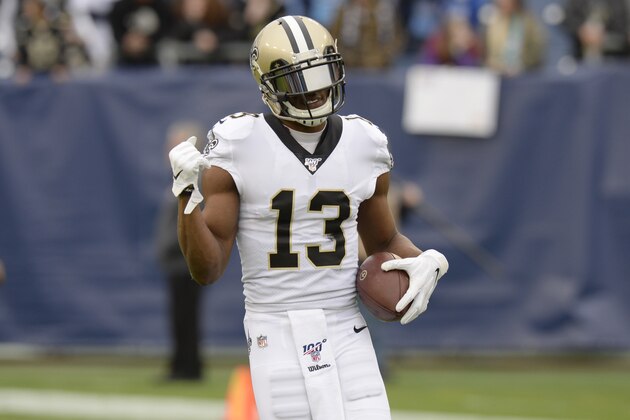 New Orleans Saints wide receiver Michael Thomas warms up before an NFL football game against the Tennessee Titans Sunday, Dec. 22, 2019, in Nashville, Tenn. (AP Photo/Mark Zaleski)