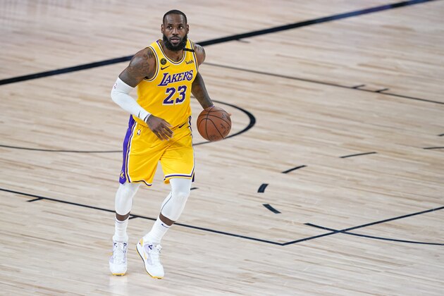 Los Angeles Lakers' LeBron James plays in the second half of an NBA basketball first round playoff game against the Portland Trail Blazers Saturday, Aug. 29, 2020, in Lake Buena Vista, Fla. The Lakers won 131-122 to win the series 4-1. (AP Photo/Ashley Landis)