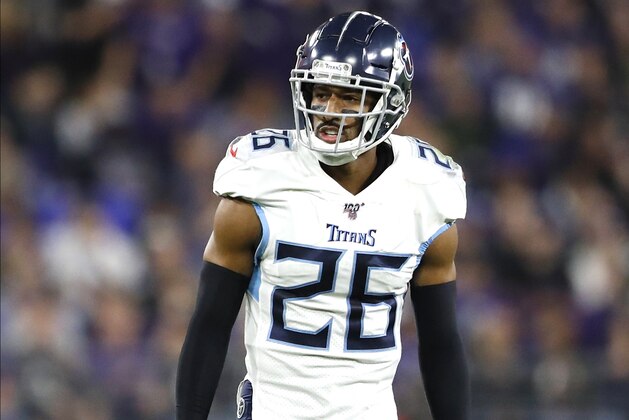 Tennessee Titans cornerback Logan Ryan is seen before a play against the Baltimore Ravens during the second half of an NFL divisional playoff football game, Saturday, Jan. 11, 2020, in Baltimore. The Titans won 28-12. (AP Photo/Julio Cortez)