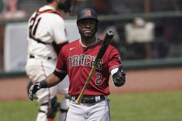 Arizona Diamondbacks' Starling Marte flips his bat after striking out against the San Francisco Giants during the fourth inning of a baseball game in San Francisco, Sunday, Aug. 23, 2020. (AP Photo/Jeff Chiu)