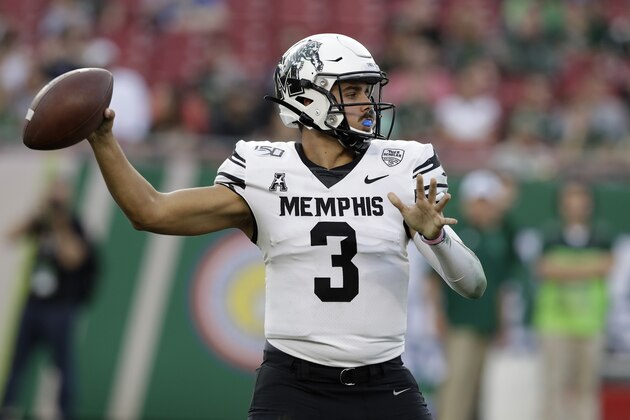Memphis quarterback Brady White throws a pass against South Florida during the first half of an NCAA college football game Saturday, Nov. 23, 2019, in Tampa, Fla. (AP Photo/Chris O'Meara)