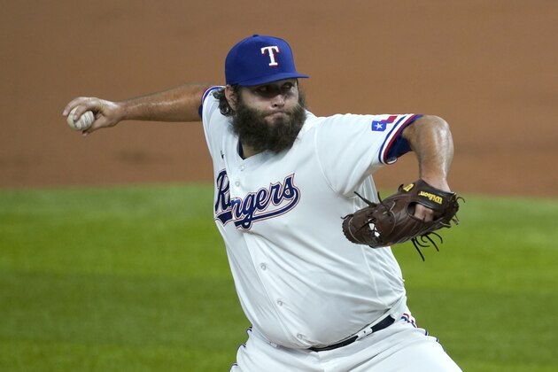 Texas Rangers starting pitcher Lance Lynn throws to the Oakland Athletics in the first inning of a baseball game in Arlington, Texas, Monday, Aug. 24, 2020. (AP Photo/Tony Gutierrez)