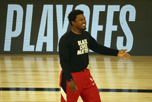 Toronto Raptors guard Kyle Lowry (7) reacts before playing against the Brooklyn Nets in Game 4 of an NBA basketball first-round playoff series, Sunday, Aug. 23, 2020, in Lake Buena Vista, Fla. (Kim Klement/Pool Photo via AP)