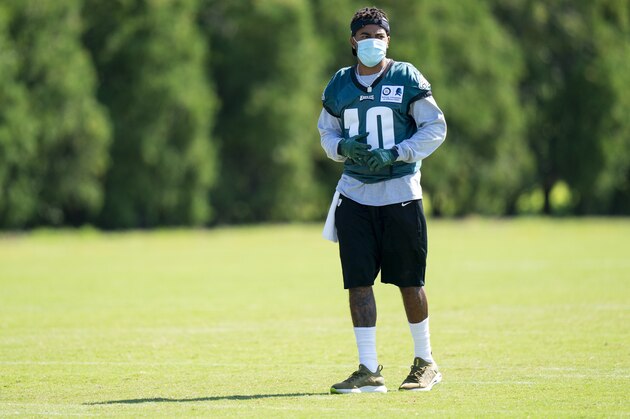 Philadelphia Eagles wide receiver DeSean Jackson looks on during an NFL football practice, Tuesday, Aug. 18, 2020, in Philadelphia. (AP Photo/Chris Szagola, Pool)