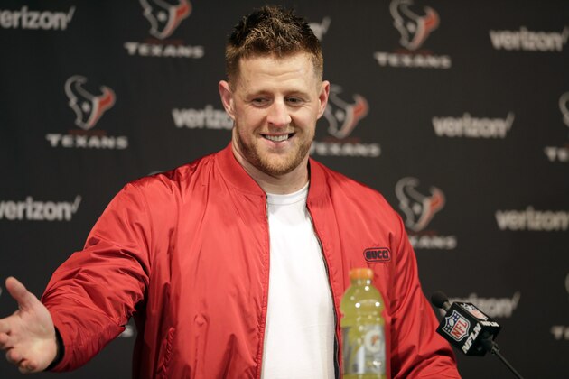 Houston Texans defensive end J.J. Watt answers a question during a news conference after an NFL wild-card playoff football game against the Buffalo Bills Saturday, Jan. 4, 2020, in Houston. The Texans won 22-19 in overtime.(AP Photo/Michael Wyke)