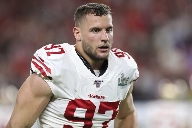 San Francisco 49ers defensive end Nick Bosa (97) is seen against the Kansas City Chiefs at Super Bowl 54 on Feb. 2, 2020, in Miami Gardens, Fla. The Chiefs won the game 31-20. (AP Photo/Gregory Payan)