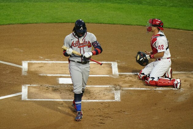 Atlanta Braves' Ronald Acuna Jr. plays during a baseball game against the Philadelphia Phillies, Friday, Aug. 28, 2020, in Philadelphia. (AP Photo/Matt Slocum)