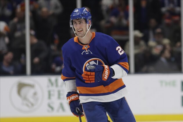 New York Islanders' Brock Nelson (29) celebrates after scoring a goal during the second period of an NHL hockey game against the Detroit Red Wings Tuesday, Jan. 14, 2020, in Uniondale, N.Y. (AP Photo/Frank Franklin II) New York Islanders' Brock Nelson (29) celebrates after scoring a goal during the second period of an NHL hockey game against the Detroit Red Wings Tuesday, Jan. 14, 2020, in Uniondale, N.Y. (AP Photo/Frank Franklin II)