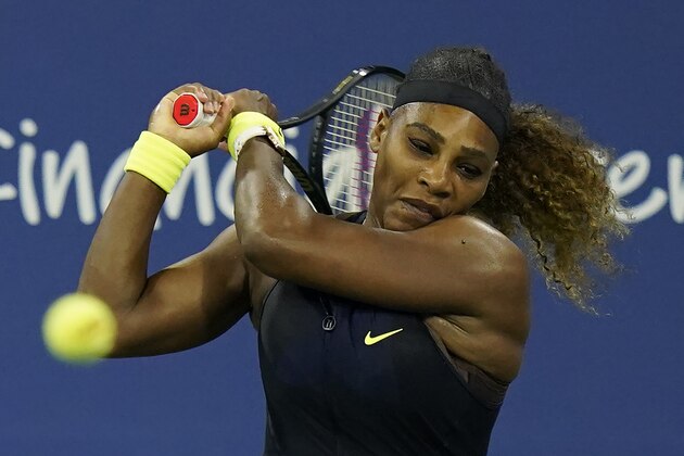 Serena Williams hits a shot to Maria Sakkari, of Greece, during the third round at the Western & Southern Open tennis tournament Tuesday, Aug. 25, 2020, in New York. (AP Photo/Frank Franklin II)